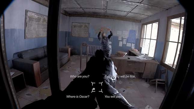 A first-person view in Unrecord shows the dialogue options. 